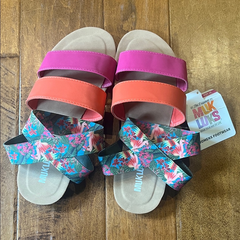 Muk Luks Pink and Orange Floral Sandals